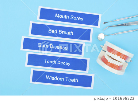 The Dentures model with dental disease on blue background. 101696522