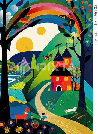 Kid make arts by painting colorful of beautiful house on hill Created with Generative AI technology. Kid make arts by painting colorful of beautiful house on hill Created with Generative AI technology. 101696703