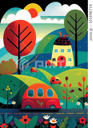 Kid make arts by painting colorful of beautiful house on hill Created with Generative AI technology. 101696719