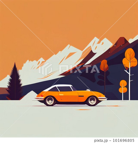Illustration of minimalist sport car on landscape background Created with Generative AI technology. 101696805