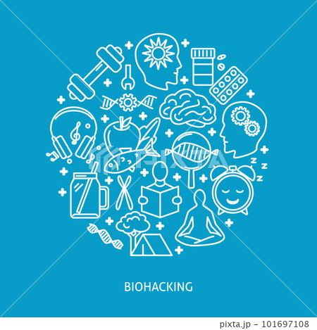 Biohacking round concept banner with icons in line style 101697108