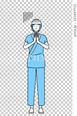 一名頭部纏著繃帶的女住院患者雙手放在身前道歉 101697552