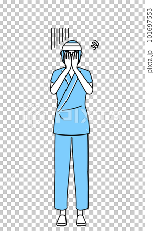 Depressed female hospital patient with bandaged head covering face Depressed female hospital patient with bandaged head covering face 101697553