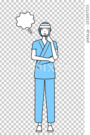 A female hospital patient with a bandaged head thinking while scratching her face 101697555