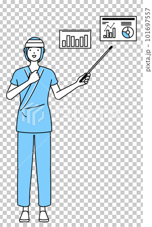 Female hospital patient with bandaged head analyzing performance graph 101697557