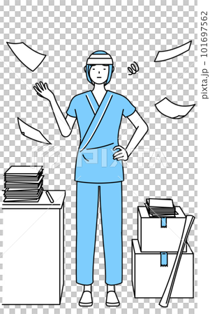 A female hospital patient with a bandaged head tired of messy work A female hospital patient with a bandaged head tired of messy work 101697562