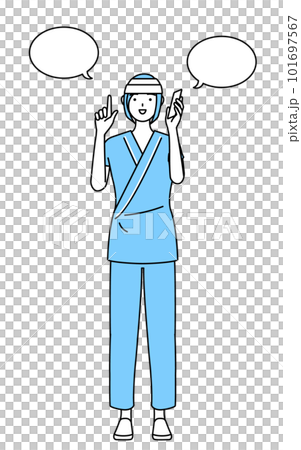 電話をしながら指さしをする頭に包帯を巻いた女性入院患者 101697567