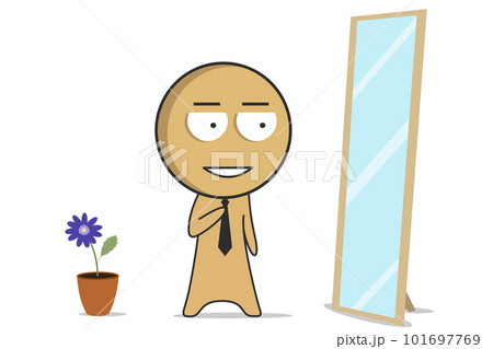 A cartoon of a man looking at a mirror and a flower is in the background. 101697769