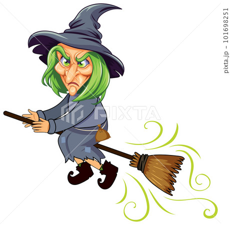 Old witch riding on broomstick cartoon character 101698251