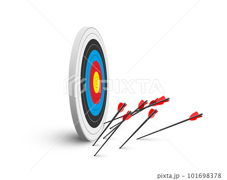 Arrows missed hitting target isolated on white. Shot miss. Sport game business competition and challenge failure, failed inaccurate attempts metaphor. Vector illustration 101698378