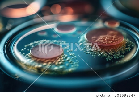 Petri dish with natural bacteria culture and white background for science concept is AI Generative. 101698547