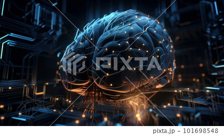 Artificial intelligence concept with circuit board background and futuristic android brain. AI is Generative tech. 101698548