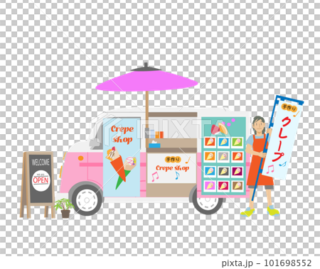 手作りクレープのキッチンワゴンとのぼりを持つ女性 101698552