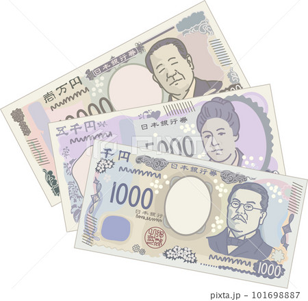 日本のお札_新デザイン_3種3枚重ねセット_千円札一番上_斜め 101698887
