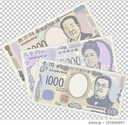 日本のお札_新デザイン_3種3枚重ねセット_千円札一番上_斜め 101698887