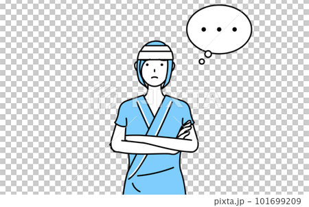 腕を組んで考える頭に包帯を巻いた女性入院患者 101699209