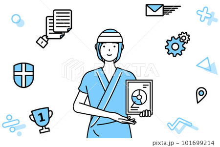 DXのイメージ、デジタル技術を利用して業務改善を行う頭に包帯を巻いた女性入院患者 DXのイメージ、デジタル技術を利用して業務改善を行う頭に包帯を巻いた女性入院患者 101699214