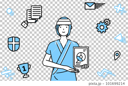 DXのイメージ、デジタル技術を利用して業務改善を行う頭に包帯を巻いた女性入院患者 DXのイメージ、デジタル技術を利用して業務改善を行う頭に包帯を巻いた女性入院患者 101699214