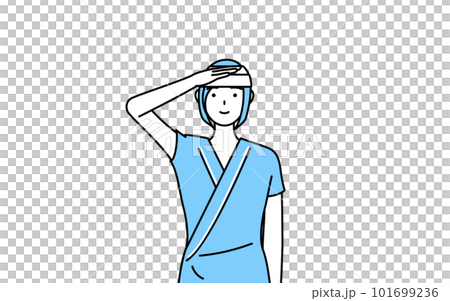 A female hospital patient with a bandage on her head saluting A female hospital patient with a bandage on her head saluting 101699236