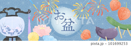 お盆イメージのイラスト入り　和のバナーD青 101699253