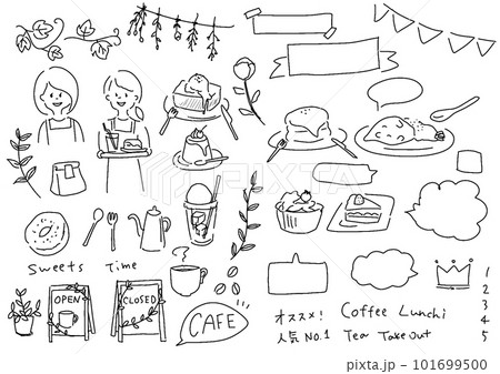ラフな手描きカフェの線画イラスト 101699500