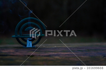 Burning of the mosquito coil in nature. Mosquito-repelling incense with a whiff of smoke, banner, copy space 101699608