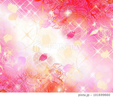 少女漫画キラキラ輝く星々とピンクの薔薇と花びらが舞うペン画カラーイラスト  101699660