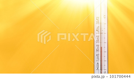 Outdoor thermometer with mark of twenty-five degrees Celsius against yellow background under sunlight Outdoor thermometer with mark of twenty-five degrees Celsius against yellow background under sunlight 101700444