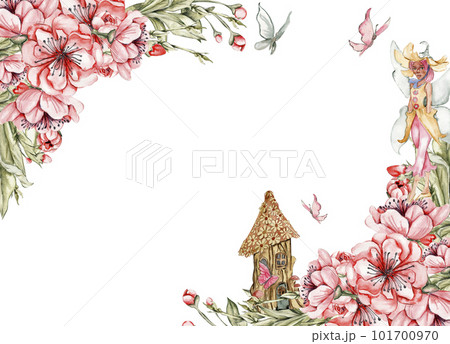 Watercolor hand drawn spring garden full of flowers square frame. Watercolor illustration for scrapbooking. Cartoon hand drawn background with flower for kids design. Perfect for wedding invitation. 101700970