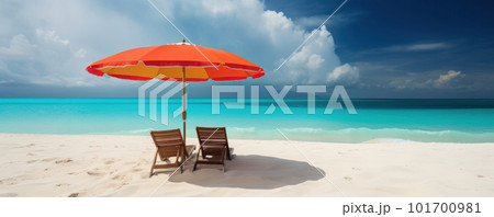 Take a break and enjoy the stunning view of white sand beach with beach chairs and an umbrella, set against a beautiful blue sky and ocean. Perfect for vacation and relaxation concepts. AI Generative. 101700981