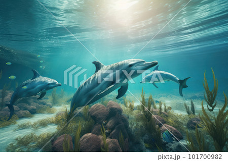 A pod of playful bottlenose dolphins gracefully swim through the ocean on World Oceans Day, reminding us of the need for conservation and preservation of our precious aquatic wildlife. AI Generative A pod of playful bottlenose dolphins gracefully swim through the ocean on World Oceans Day, reminding us of the need for conservation and preservation of our precious aquatic wildlife. AI Generative 101700982