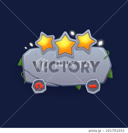 Game victory sign, banner or popup window. Cartoon vector congratulation screen with golden stars, stone plate, green leaves and navigation arrows. Congrats achievement award badge for mobile app 101701031