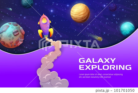 Space landing page. 3d paper cut galaxy landscape with rocket and space planets website background vector template for business startup. Astronomy science web banner with layered papercut starry sky 101701050