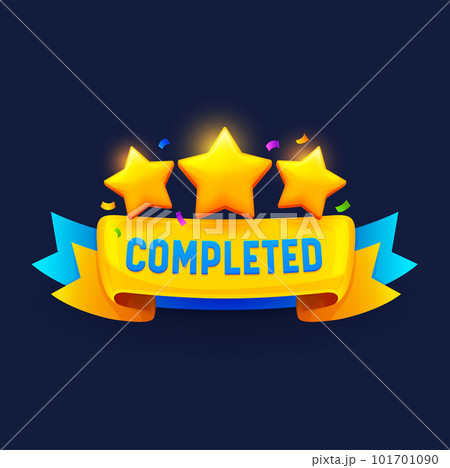 Game level complete badge or icon. Vector ui or gui interface element, reward popup stars with blue and gold banner. Award or bonus for mobile app, video or online game successful competition Game level complete badge or icon. Vector ui or gui interface element, reward popup stars with blue and gold banner. Award or bonus for mobile app, video or online game successful competition 101701090