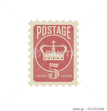 Antique postcard, retro postage stamp and vintage mail with royal crown. Mail delivery antique mark, post envelope, letter or correspondence vector historic postal stamp with king or queen crown 101701266