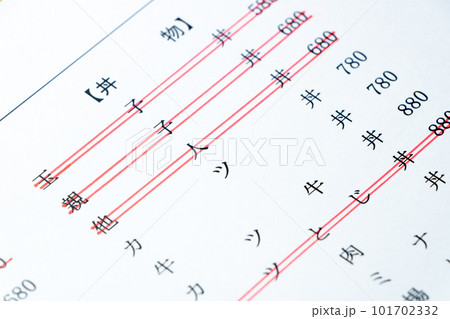 卵料理メニューが赤線で消された、大衆食堂のお品書き。鶏卵不足･価格高騰イメージ。 101702332