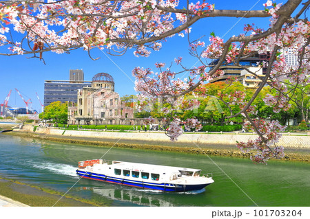 【広島県】満開の桜と原爆ドームと高速船 101703204