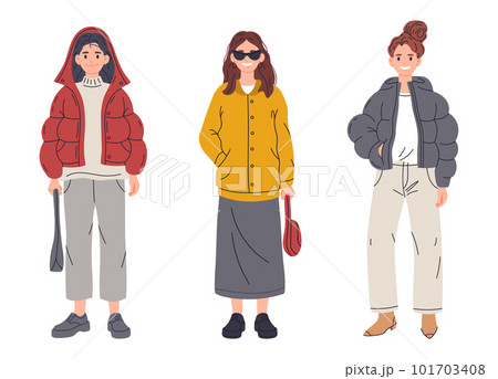 Elegant girls wearing casual outfits. Fashionable young women. Stylish modern fashion looks flat cartoon vector illustration set 101703408
