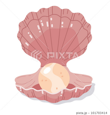 Open clam shell with pearl. Scallop seashell with pearl, sea shellfish, ocean marine fauna flat vector illustration on white background 101703414