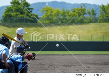 野球の試合中のピッチャーの投げたボールを受けるキャッチャーと審判の後ろ姿と打とうとするするバッター 101703452
