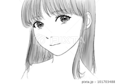 微笑み表情の女の子の線画イラスト 輪郭線=ぼかし有 口紅=無、黒色