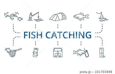 Fish catching outline set. Creative icons: - Stock Illustration
