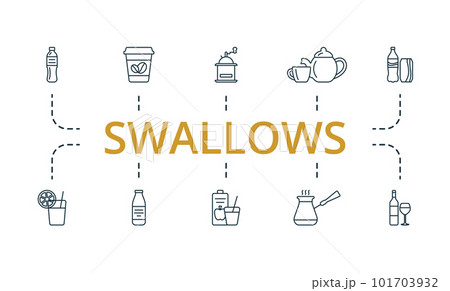 Swallows outline set. Creative icons: bottle of water, coffee to go, hand coffee grinder, tea, cola, lemonade, milk, juice, turks coffee, wine. 101703932