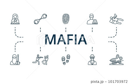 Mafia outline set. Creative icons: judge, handcuffs, fingerprint, coroner, murder, terrorist, war crime, footprints, espionage, crime. 101703972