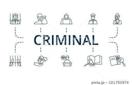 Criminal outline set. Creative icons: prisoner, thief, hacker, police officer, detective, jail, corruption, witness, law, evidence. 101703974