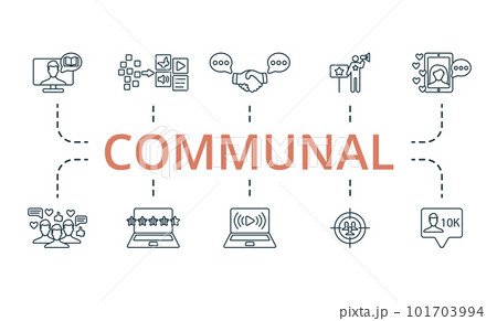 Communal outline set. Creative icons: story telling, content curation, engagement, ambassador, influencer, subscribers, rating, live streaming, target audience, followers. 101703994