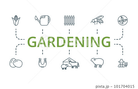 Gardening outline set. Creative icons: corn, watering can, fence, bee, eco, eggs, horseshoe, farm, sheep, farmer. 101704015