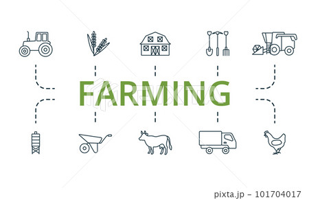 Farming outline set. Creative icons: tractor, wheat, barn, digging tools, harvester, silo, wheelbarrow, cattle, truck, chicken. 101704017