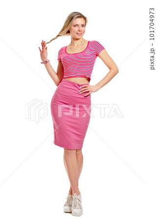 Beautiful young woman gracefully posing in front of the camera. Full length portrait isolated on white background 101704973