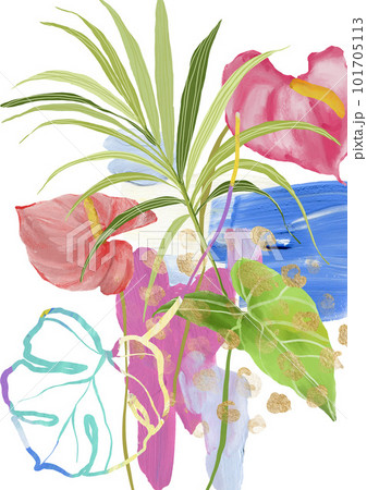Acrylic tropical poster of anthurium, monstera, palms and plants. Hand painted floral card isolated on white background. Holiday flower Illustration for design, print, fabric or background. Acrylic tropical poster of anthurium, monstera, palms and plants. Hand painted floral card isolated on white background. Holiday flower Illustration for design, print, fabric or background. 101705113